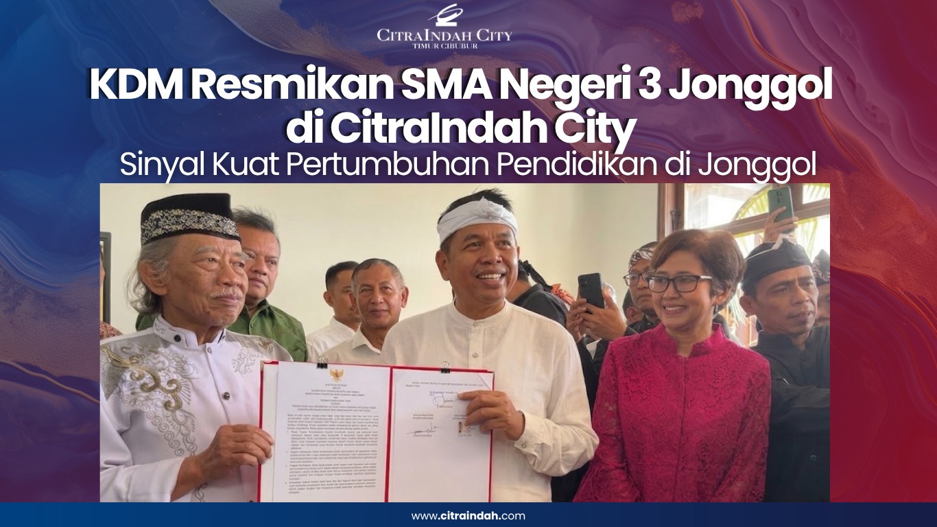 Ceremony where officials sign a document for the opening of SMA Negeri 3 Jonggol at Citralndah City, with attendees smiling in the background.